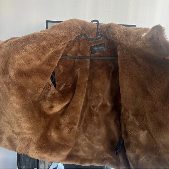 All Saints Black Leather Jacket with Brown Shearling - Picture 3 of 5